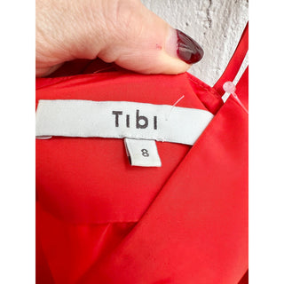 Tibi Spaghetti Strap Asymmetric V Neckline A-Line Midi Dress Red Women's Size 8