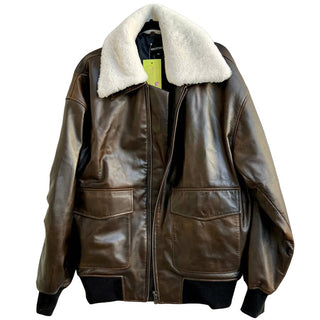 NWOT Meotine 100% Lamb Leather Pilot Bomber Shearling Jacket Brown Men’s S/M