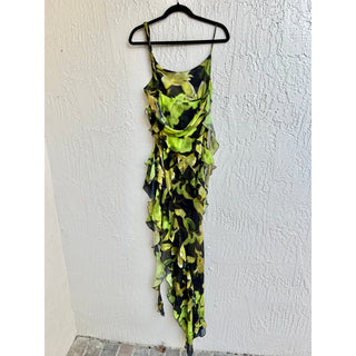 Mango Asymmetrical Hem Tiered Ruffle Maxi Dress Black Green Women's Size US 6