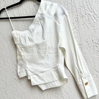 NWT Zara One Shoulder Asymmetrical Pleated Linen Blend Top White Women's Size XS