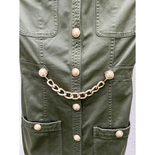 Balmain Chainlink Cotton Military Mini Jacket Dress Green Women's FR 34 / US 0