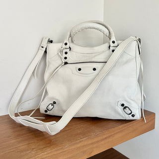 Balenciaga Women's Authentic Leather Motocross Classic Town Satchel Bag White