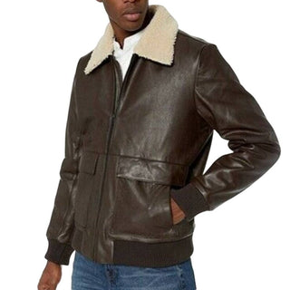 NWOT Meotine 100% Lamb Leather Pilot Bomber Shearling Jacket Brown Men’s S/M