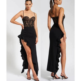 Miss Circle Spaghetti Strap Ruffle Sweetheart Corset Maxi Dress Black Women's XS