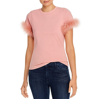 NWT Cinq A Sept Short Sleeve Zoie Feather Trimmed Crew Neck Top Pink Women's XS