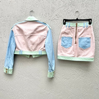 NWOT Balmain Long Sleeve Cropped Denim Jacket&Mini Skirt Set Pastel Women's US 0