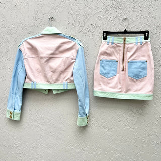 NWOT Balmain Long Sleeve Cropped Denim Jacket&Mini Skirt Set Pastel Women's US 0