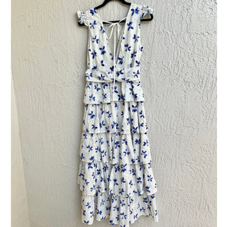 NWT ALB Anne Louise Eyelet Tiered Bloom Maxi Dress White Blue Women's UK 12/US 8