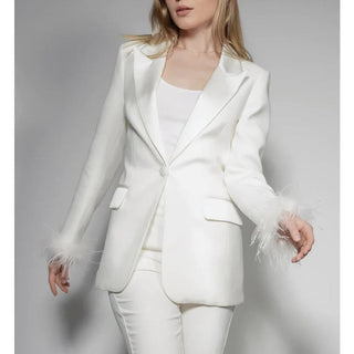 Nadine Merabi Margot Feather Cuff Button Front Satin Blazer White Womens Size XS