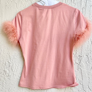 NWT Cinq A Sept Short Sleeve Zoie Feather Trimmed Crew Neck Top Pink Women's XS