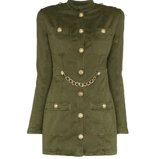 Balmain Chainlink Cotton Military Mini Jacket Dress Green Women's FR 34 / US 0