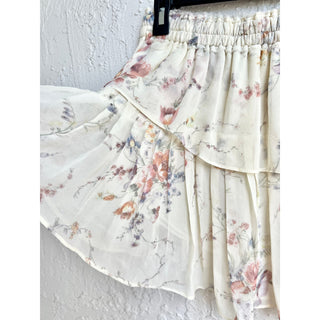 LoveShackFancy 100% Silk Ruffle Hem Floral Pull On Mini Skirt Cream Women's XS