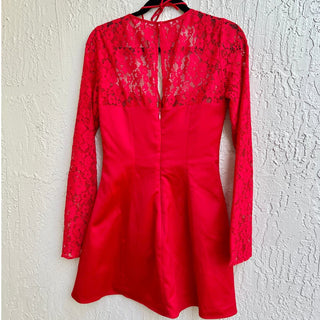 House Of CB Satin Jennica Lace Sweetheart Neck Mini Dress Red Rose Womens Medium