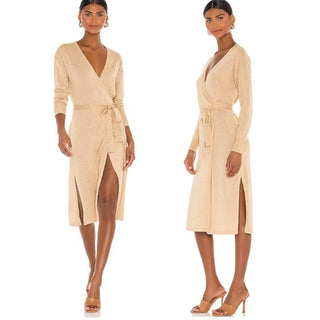 NWT Lovers And Friends Long Sleeve Azita Wrap Midi Dress Beige Women's Size XS