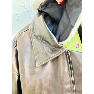 NWOT Meotine 100% Lamb Leather Pilot Bomber Shearling Jacket Brown Men’s S/M