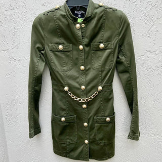 Balmain Chainlink Cotton Military Mini Jacket Dress Green Women's FR 34 / US 0