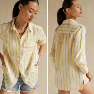 Maeve Long Sleeve Hi Low Hem Striped Button Down Shirt Yellow Women's Size S