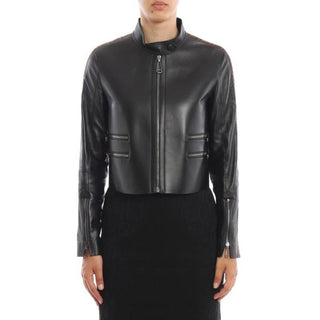 Fendi Long Sleeve Lambskin Leather Cropped Moto Jacket Black Women's Size US 2