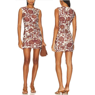 Rumer Runched Floral Print Mesh Maya Bodycon Mini Dress Cocoa Flora Women's M