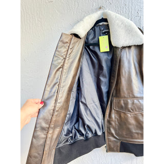 NWOT Meotine 100% Lamb Leather Pilot Bomber Shearling Jacket Brown Men’s S/M