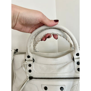 Balenciaga Women's Authentic Leather Motocross Classic Town Satchel Bag White