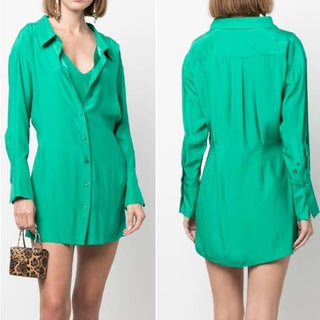 Gauge 81 Long Sleeve Otsuaki 100% Silk Shirt Mini Dress Emerald Green Women's XS