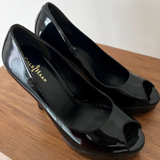 Cole Haan Patent Leather Peep Toe Platform Stiletto Heels Black Women's US 6