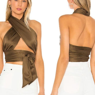 LPA Sleeveless Gathered Wrap Tie Satin Cropped Top 532 Taupe Women's Size Small