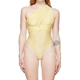 Fleur Du Mal One Shoulder Ruched Satin Thong Bodysuit Yellow Women's Size XS