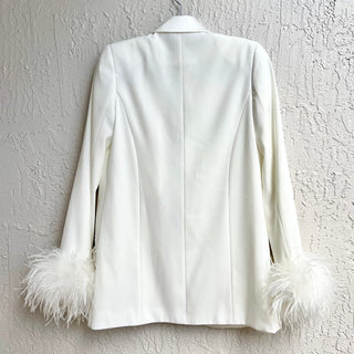 Nadine Merabi Margot Feather Cuff Button Front Satin Blazer White Womens Size XS