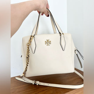 Tory Burch Kira leather satchel bag with shoulder strap cream