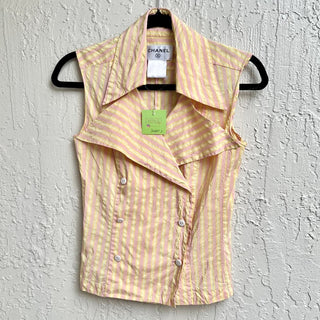 Chanel Sleeveless Double Breasted Striped Top Yellow Pink Women's Size FR 36/US2