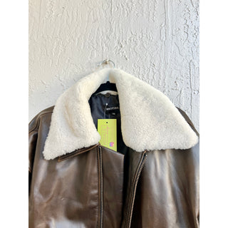 NWOT Meotine 100% Lamb Leather Pilot Bomber Shearling Jacket Brown Men’s S/M