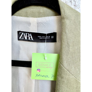 Zara Long Sleeve Notch Lapel 100% Linen Open Front Blazer Jacket Green Women's S