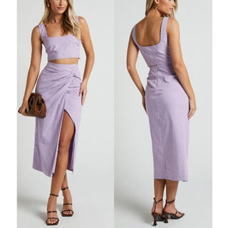 NWT Showpo. Crop Top&Knot Front Midi Skirt Gibson Two Piece Set Lilac Womens US2