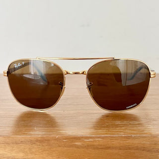 Ray Ban Chromance Polarized Square Eyewear Metal Sunglasses Gold Brown men