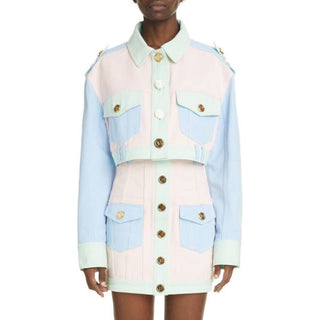 NWOT Balmain Long Sleeve Cropped Denim Jacket&Mini Skirt Set Pastel Women's US 0