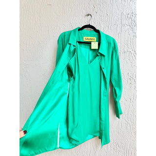 Gauge 81 Long Sleeve Otsuaki 100% Silk Shirt Mini Dress Emerald Green Women's XS