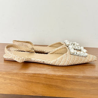 NWOT Zara Pearl Woven Slingback Flat Sandal Beige Women's Size 40 / 9.5