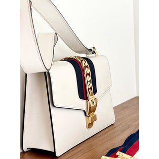 Gucci Women's White Leather Sylvie Chain Shoulder Bag With Grosgrain Web Bow