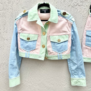 NWOT Balmain Long Sleeve Cropped Denim Jacket&Mini Skirt Set Pastel Women's US 0