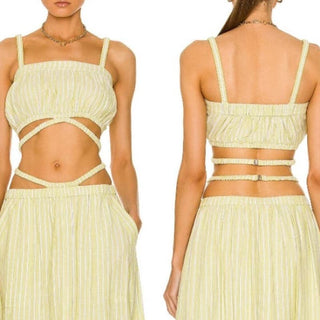 NWT Jonathan Simkhai Hutton Crop Top & Lilia Midi Skirt Set Lime Stripe Womens S