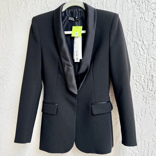 NWT Zara Shawl Lapel Front Button Tuxedo Blazer Jacket Black Women's Size XS