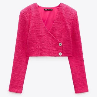 Zara Long Sleeve Textured Tweed Cropped Blazer Jacket Pink Women's Size US XS