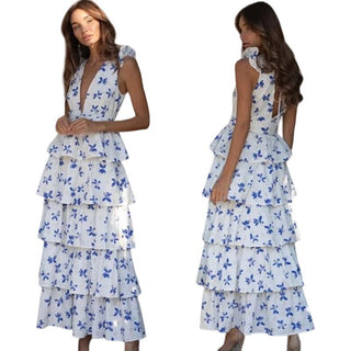 NWT ALB Anne Louise Eyelet Tiered Bloom Maxi Dress White Blue Women's UK 12/US 8