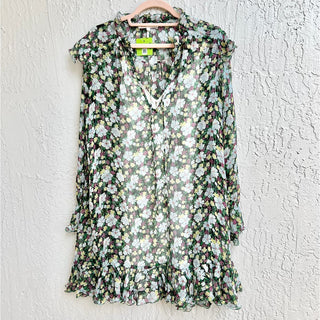 NWOT Maje Rullina Ruffled Floral Print Metallic Mini Dress Green Women's Sz 1/S