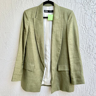 Zara Long Sleeve Notch Lapel 100% Linen Open Front Blazer Jacket Green Women's S