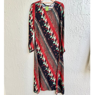 Warm Long Sleeve Abstract Bird Printed Midi Dress Multicolor Women's Size Medium