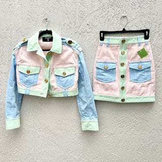 NWOT Balmain Long Sleeve Cropped Denim Jacket&Mini Skirt Set Pastel Women's US 0