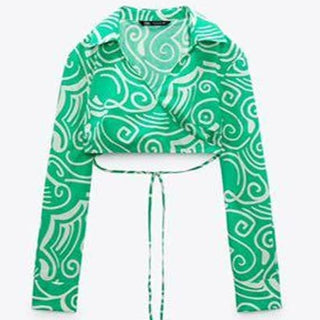 Zara Printed Long Sleeve Printed Cropped Tie Shirt Blouse Green Women's Small